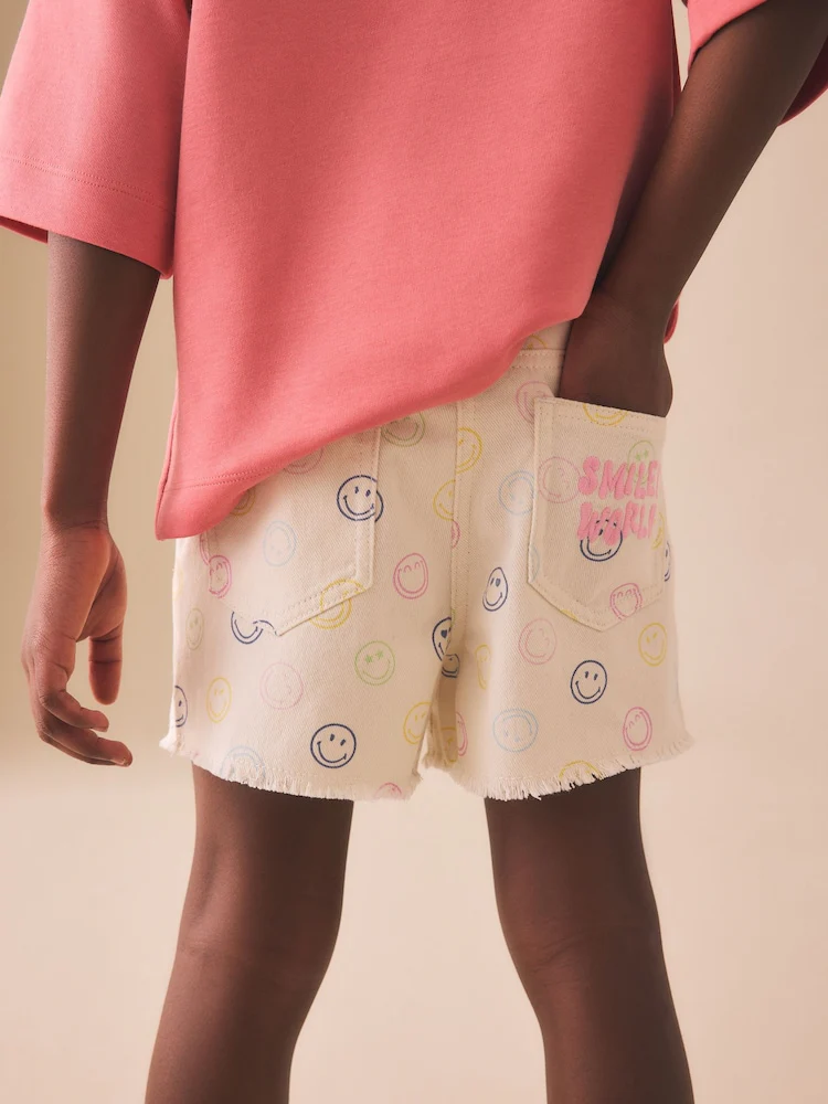 Ecru Multicolour Smiley World Regular Length Frayed Edge Denim Shorts - Image 3