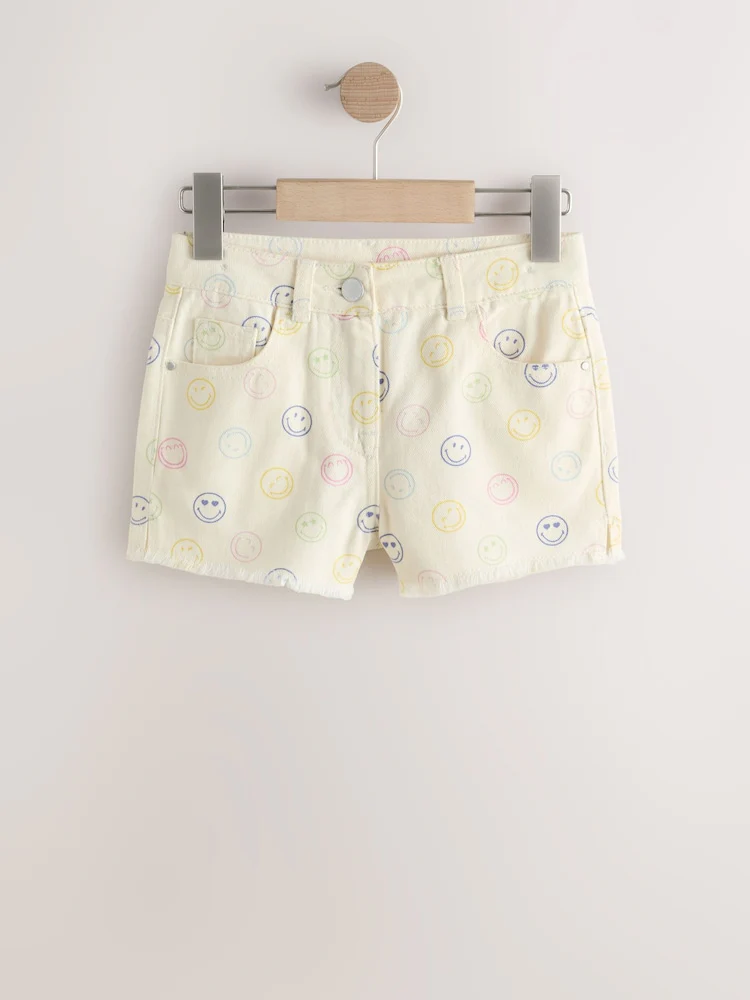 Ecru Multicolour Smiley World Regular Length Frayed Edge Denim Shorts - Image 5