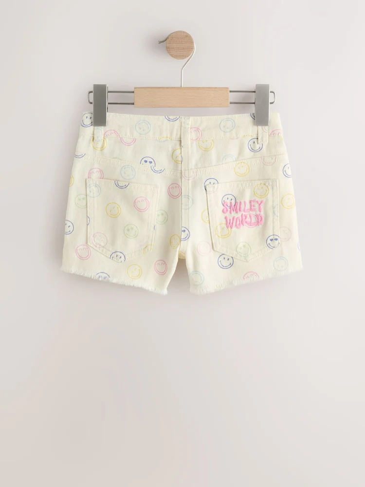 Ecru Multicolour Smiley World Regular Length Frayed Edge Denim Shorts - Image 6