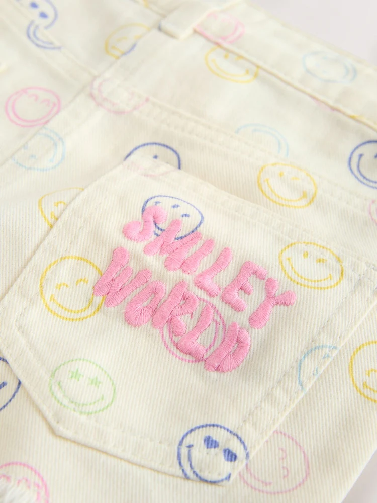 Ecru Multicolour Smiley World Regular Length Frayed Edge Denim Shorts - Image 8