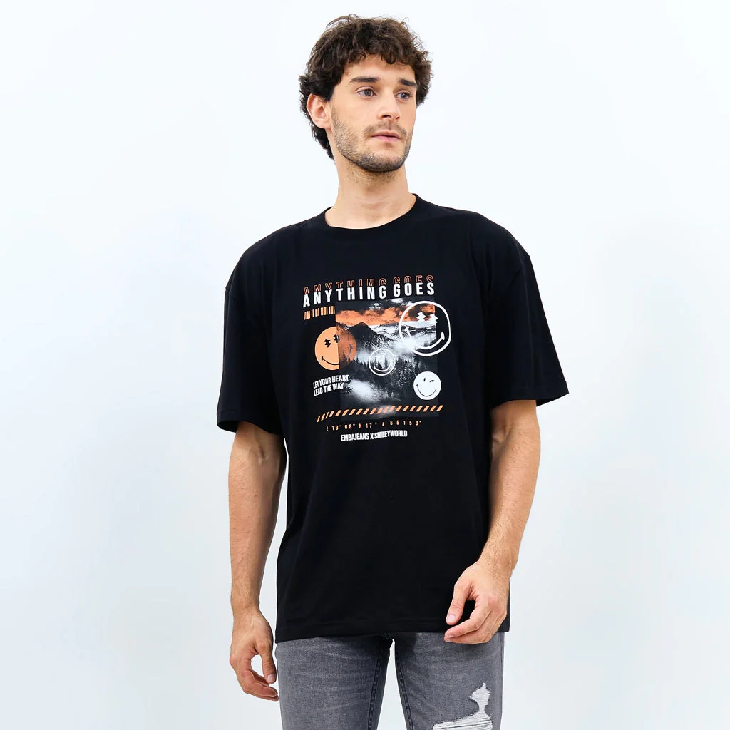 Emba Jeans I Smileyworld - T-Shirt Smiley Oversize Pria Material Single Jersey Warna Hitam - Brownie