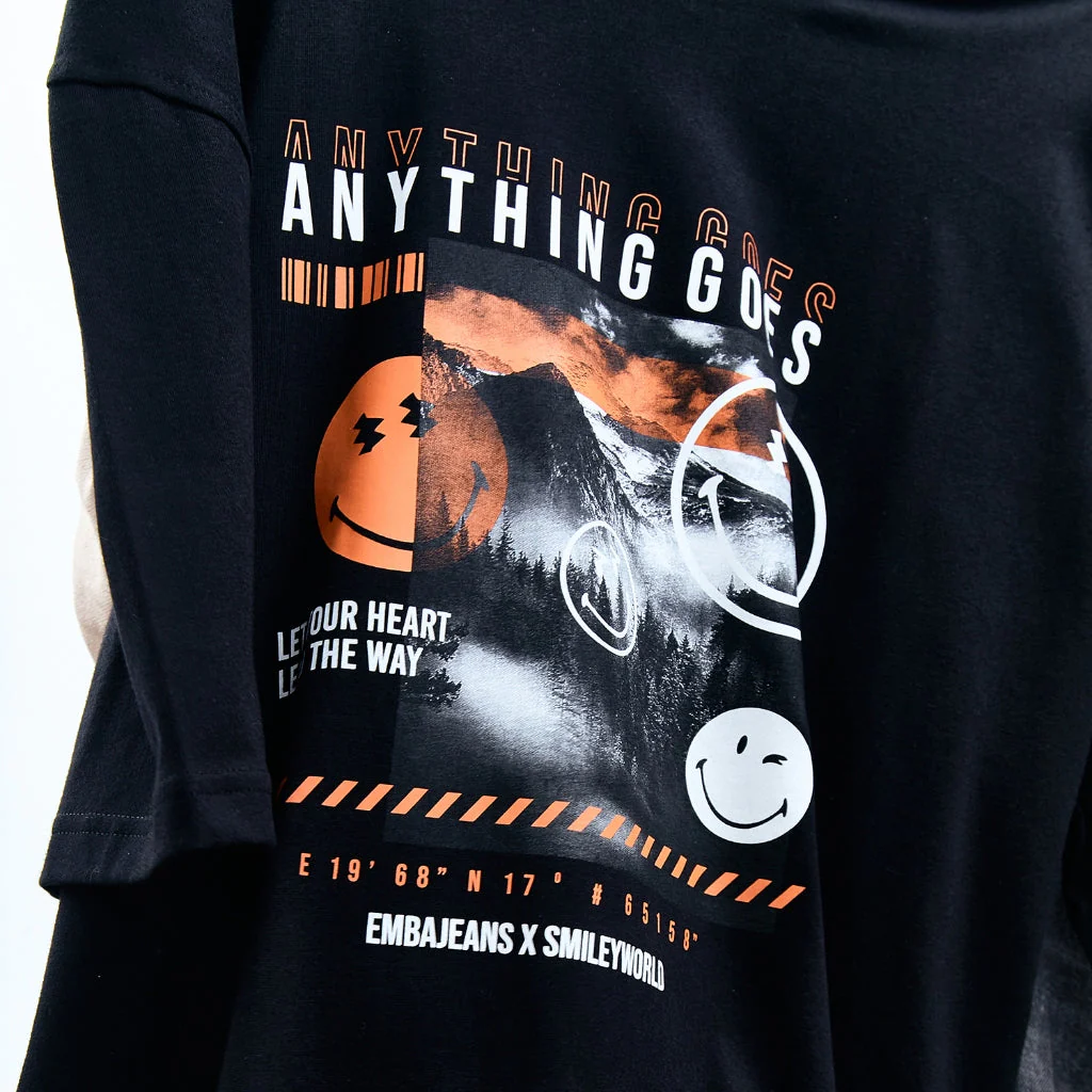 Emba Jeans I Smileyworld - T-Shirt Smiley Oversize Pria Material Single Jersey Warna Hitam - Brownie - Image 6