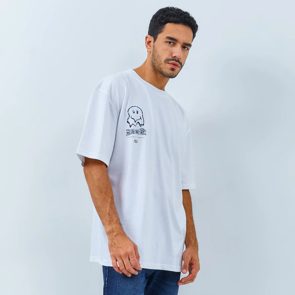 Emba Jeans I Smileyworld - T-Shirt Smiley Oversize Pria Material Single Jersey Warna Putih - Beck - Image 2