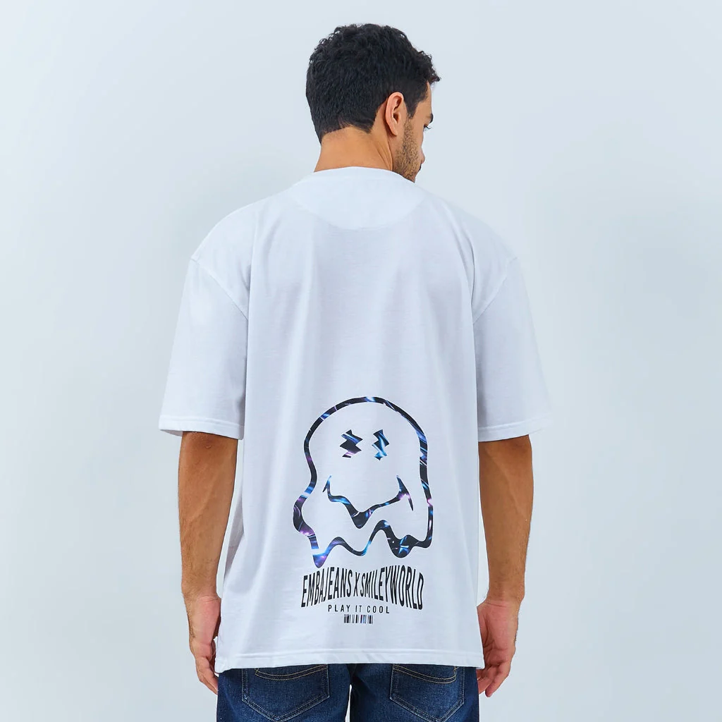 Emba Jeans I Smileyworld - T-Shirt Smiley Oversize Pria Material Single Jersey Warna Putih - Beck - Image 3
