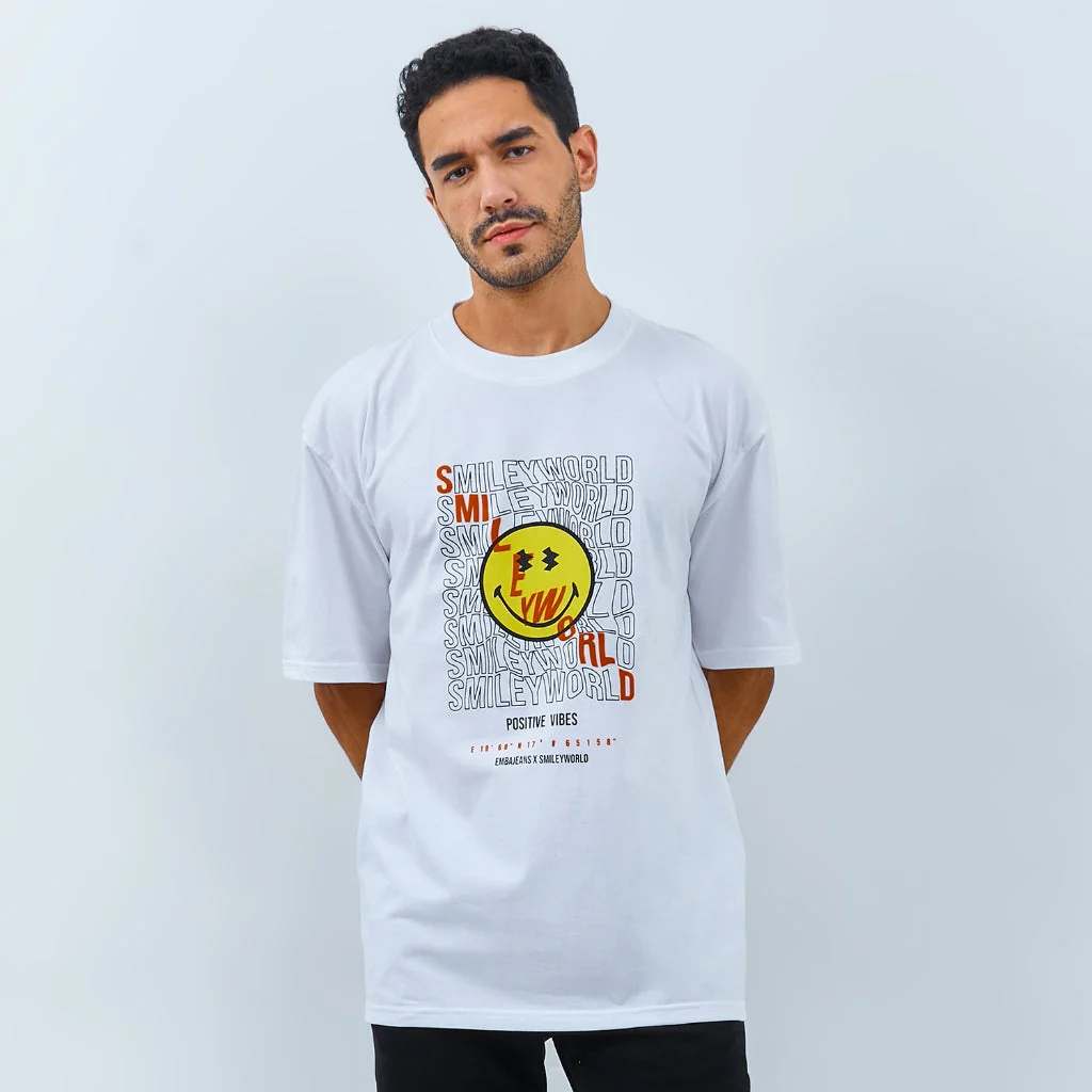 Emba Jeans I Smileyworld - T-Shirt Smiley Oversize Pria Material Single Jersey Warna Putih - Hank