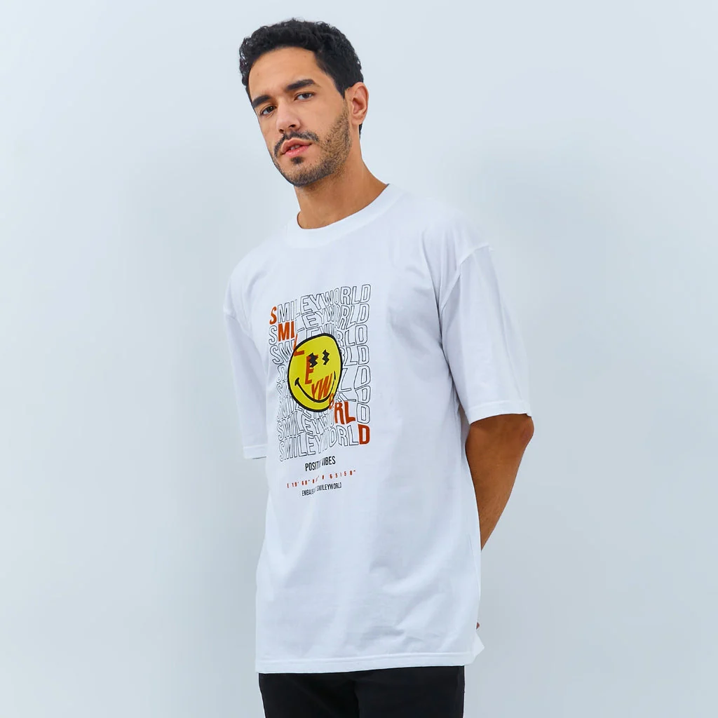 Emba Jeans I Smileyworld - T-Shirt Smiley Oversize Pria Material Single Jersey Warna Putih - Hank - Image 2