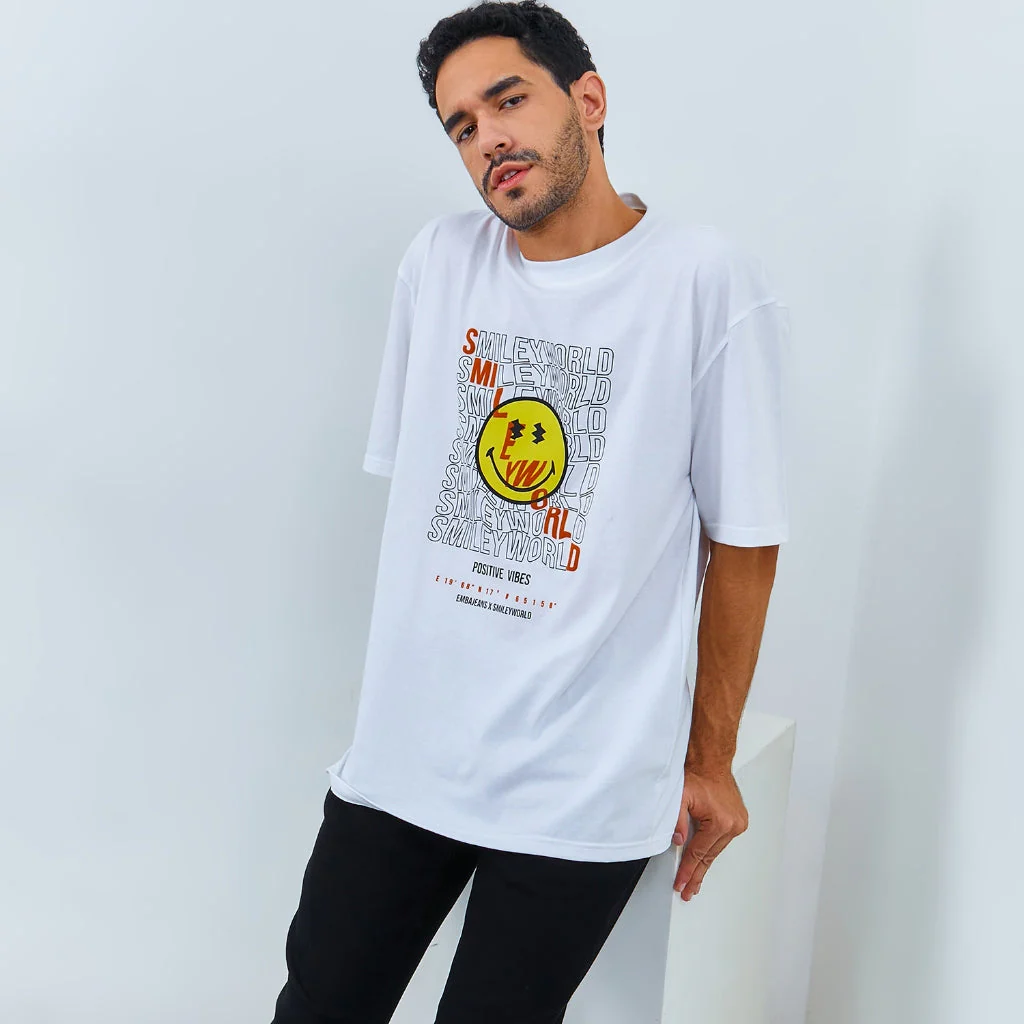 Emba Jeans I Smileyworld - T-Shirt Smiley Oversize Pria Material Single Jersey Warna Putih - Hank - Image 4