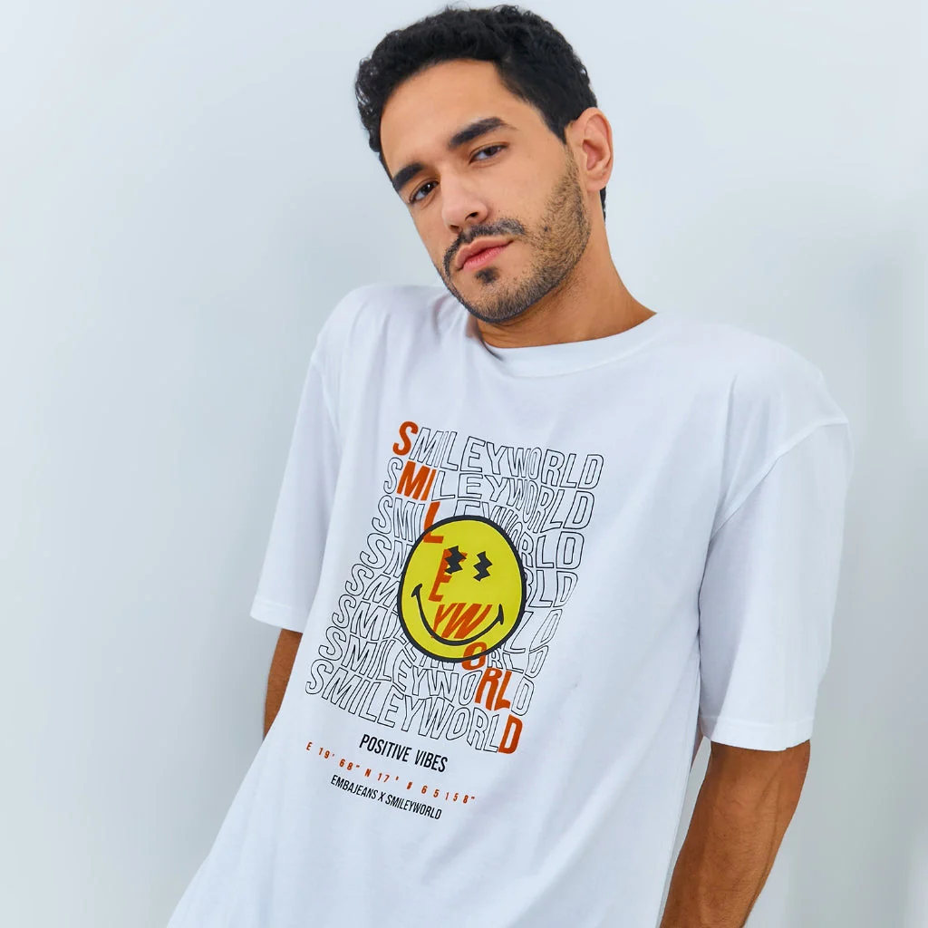 Emba Jeans I Smileyworld - T-Shirt Smiley Oversize Pria Material Single Jersey Warna Putih - Hank - Image 5
