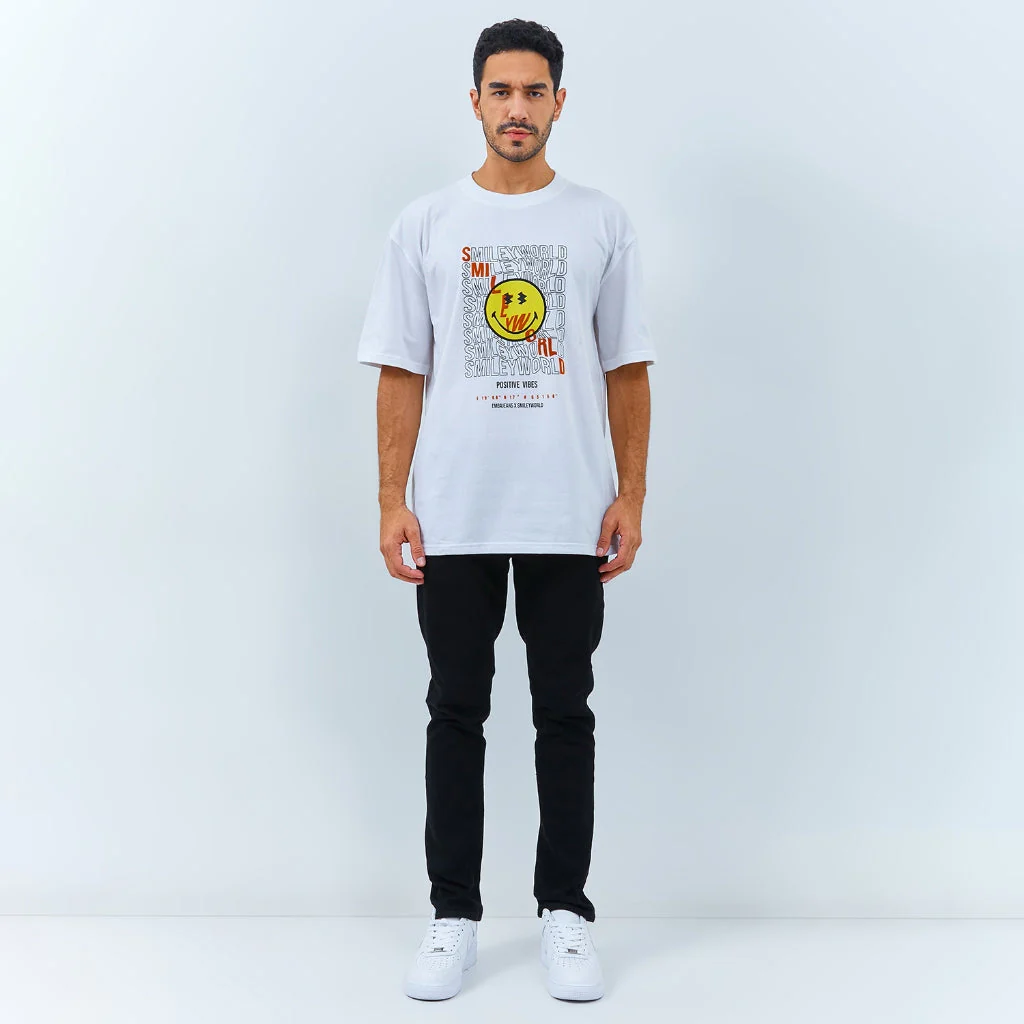 Emba Jeans I Smileyworld - T-Shirt Smiley Oversize Pria Material Single Jersey Warna Putih - Hank - Image 6