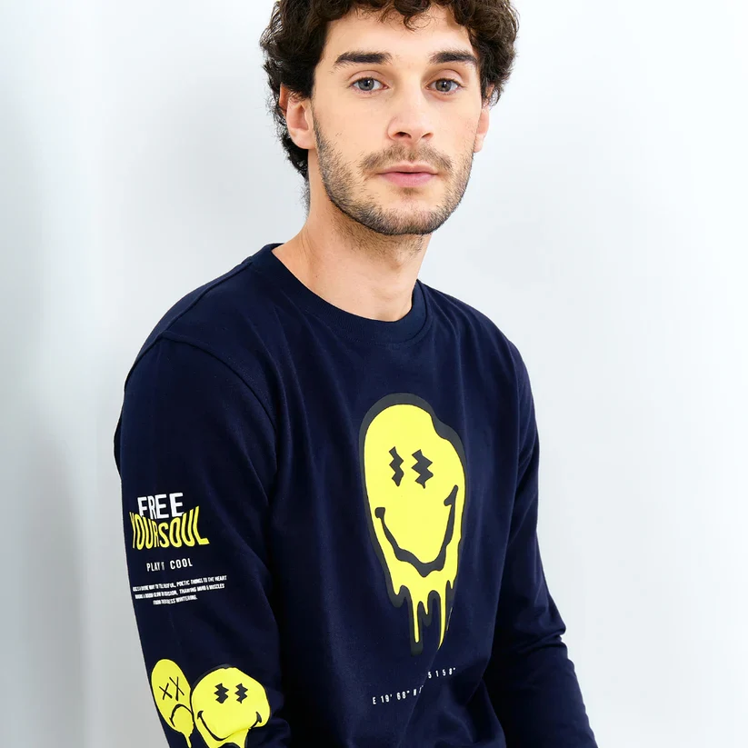 Emba Jeans L Smileyworld - Sweatshirt Smiley Pria Material Baby Terry Warna Navy - Stewart - Image 2