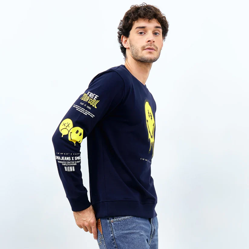 Emba Jeans L Smileyworld - Sweatshirt Smiley Pria Material Baby Terry Warna Navy - Stewart - Image 5