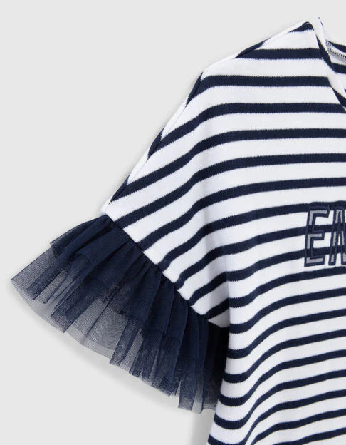 Girls’ Sailor-Stripe Cotton Dress, SmileyWorld Tulle Sleeves - Image 4