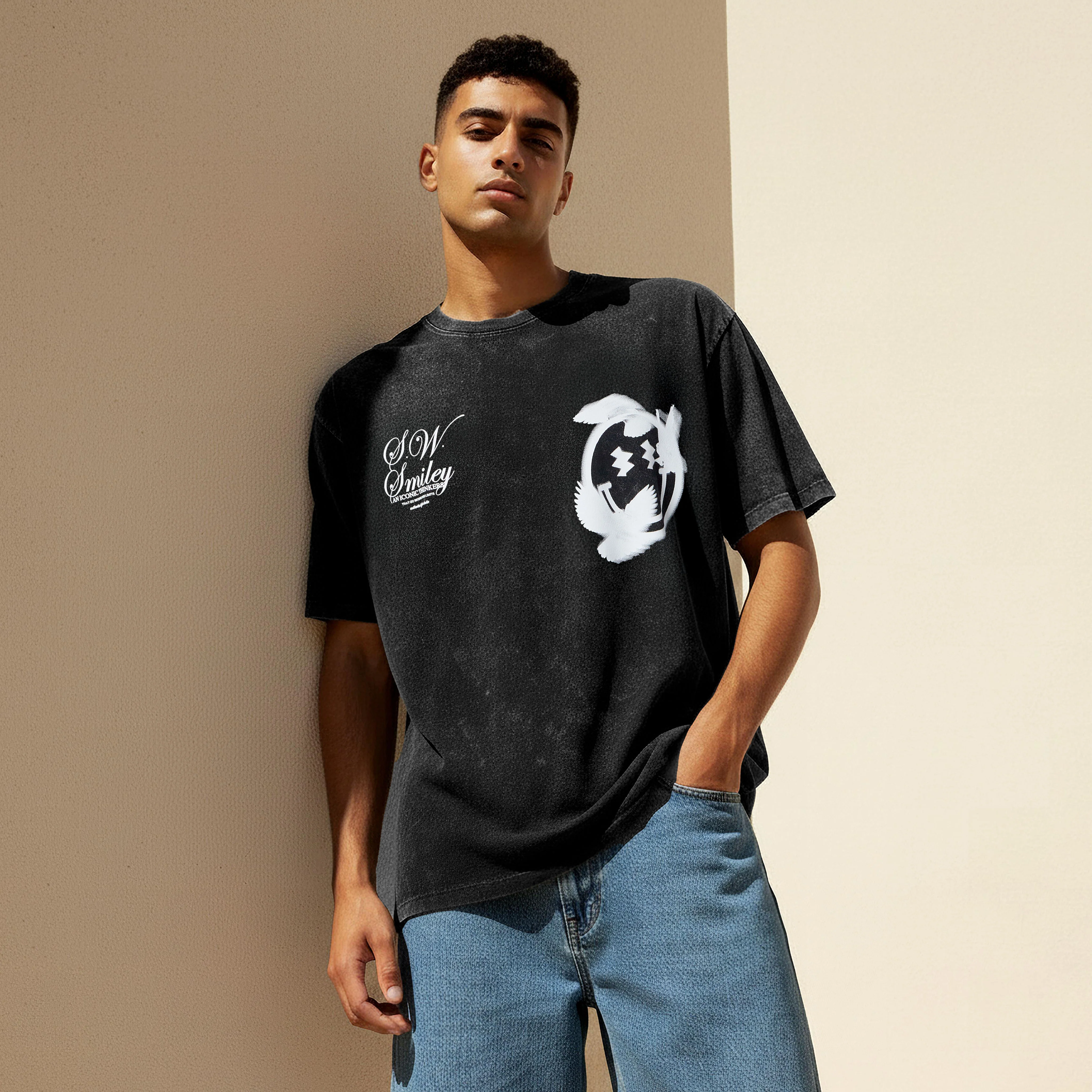 Men Regular Fit Crew Neck Short Sleeve S.W.SMILEY Print T-shirt - Image 4