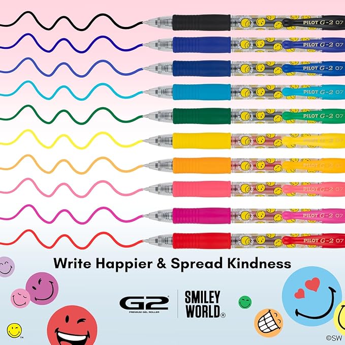 PILOT, G2 Premium Gel Roller Pens, G2 x SmileyWorld® Collection, Write Happier, 10 Pack Pouch, Fine Point 0.7 mm, Assorted - Image 4