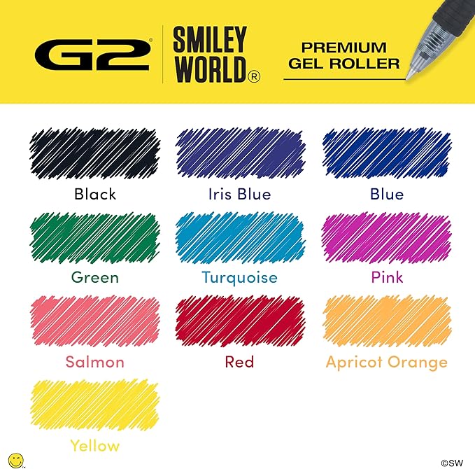 PILOT, G2 Premium Gel Roller Pens, G2 x SmileyWorld® Collection, Write Happier, 10 Pack Pouch, Fine Point 0.7 mm, Assorted - Image 6