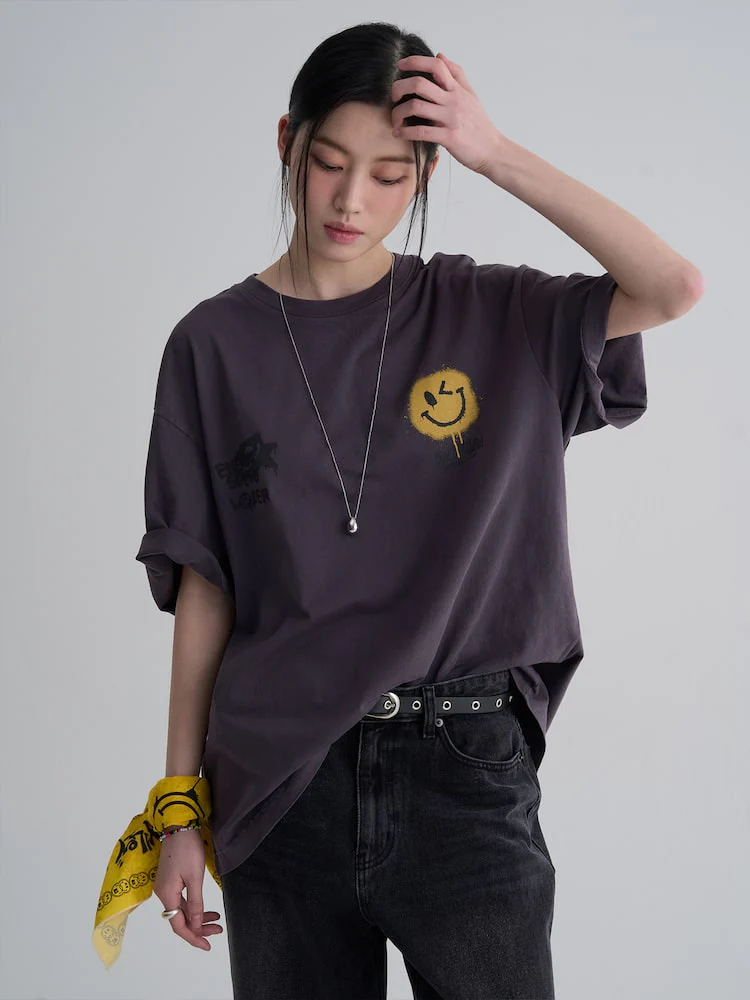 S.W.Smiley Garment-Dyed Short-Sleeve Tee - Purple - Image 6
