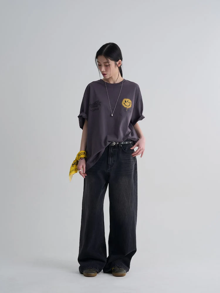S.W.Smiley Garment-Dyed Short-Sleeve Tee - Purple - Image 7