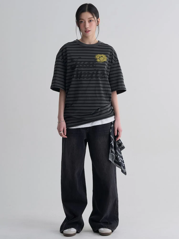 S.W.Smiley Striped Dyed Short Sleeve Tee - Ash - Image 6