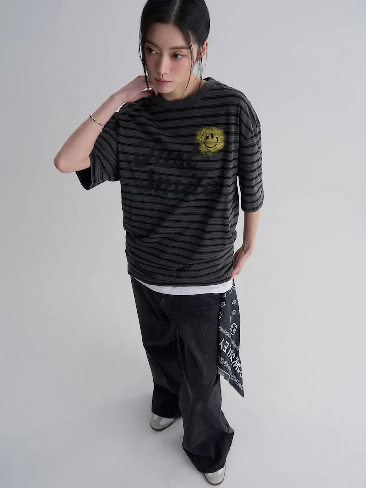 S.W.Smiley Striped Dyed Short Sleeve Tee - Ash - Image 7