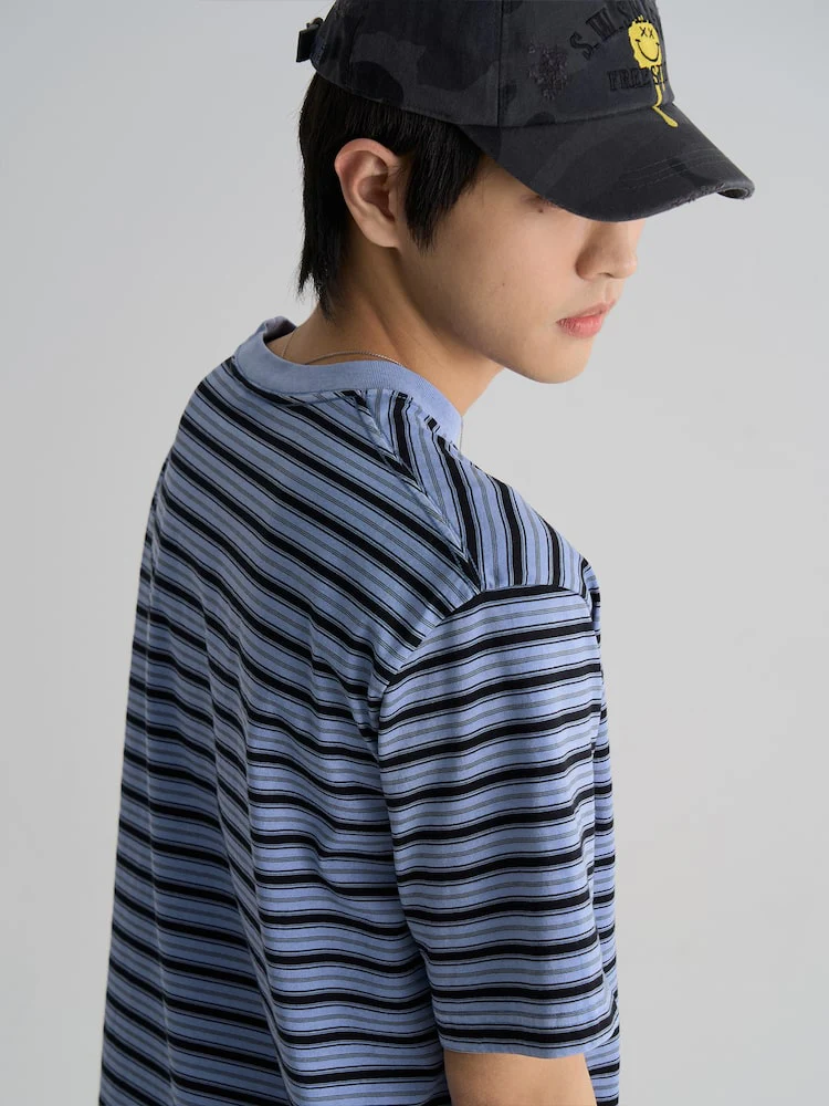 S.W.Smiley Striped Dyed Short Sleeve Tee - Sky Blue - Image 5