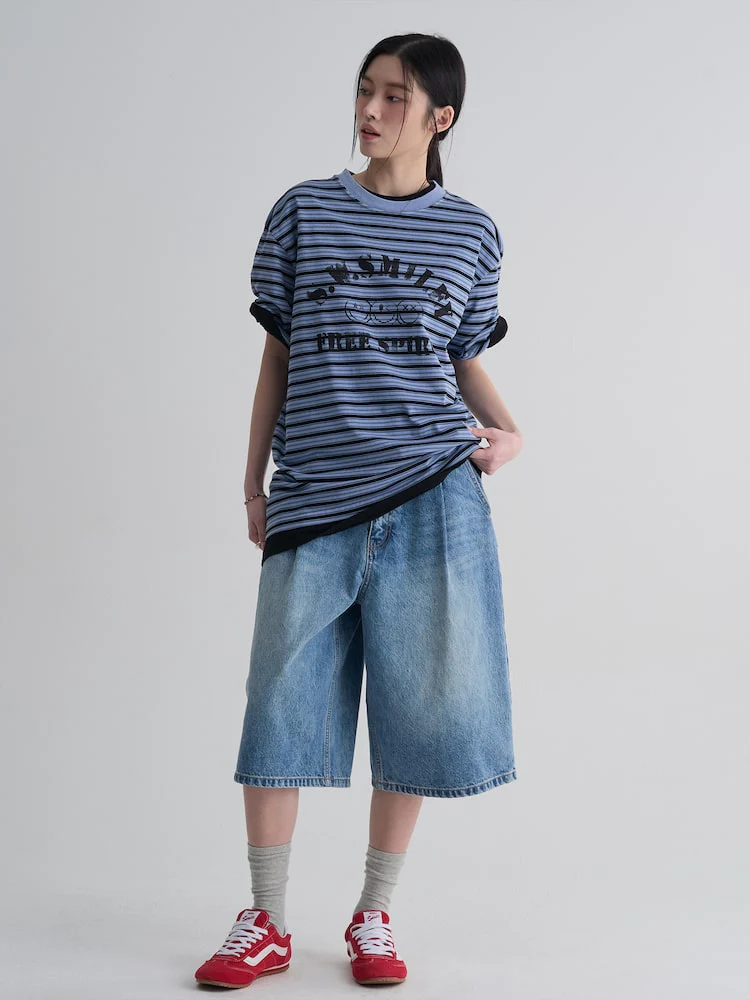 S.W.Smiley Striped Dyed Short Sleeve Tee - Sky Blue - Image 6