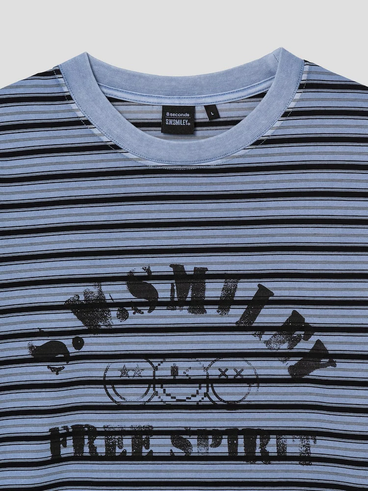 S.W.Smiley Striped Dyed Short Sleeve Tee - Sky Blue - Image 9