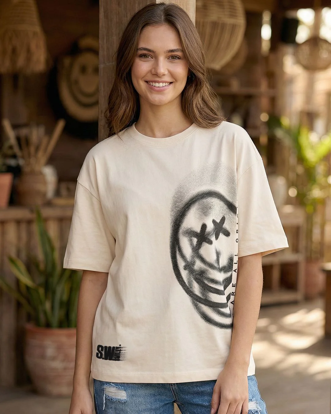 S.W. Smiley Women's Beige Smiley Graphic Printed Oversized T-shirt - Image 4