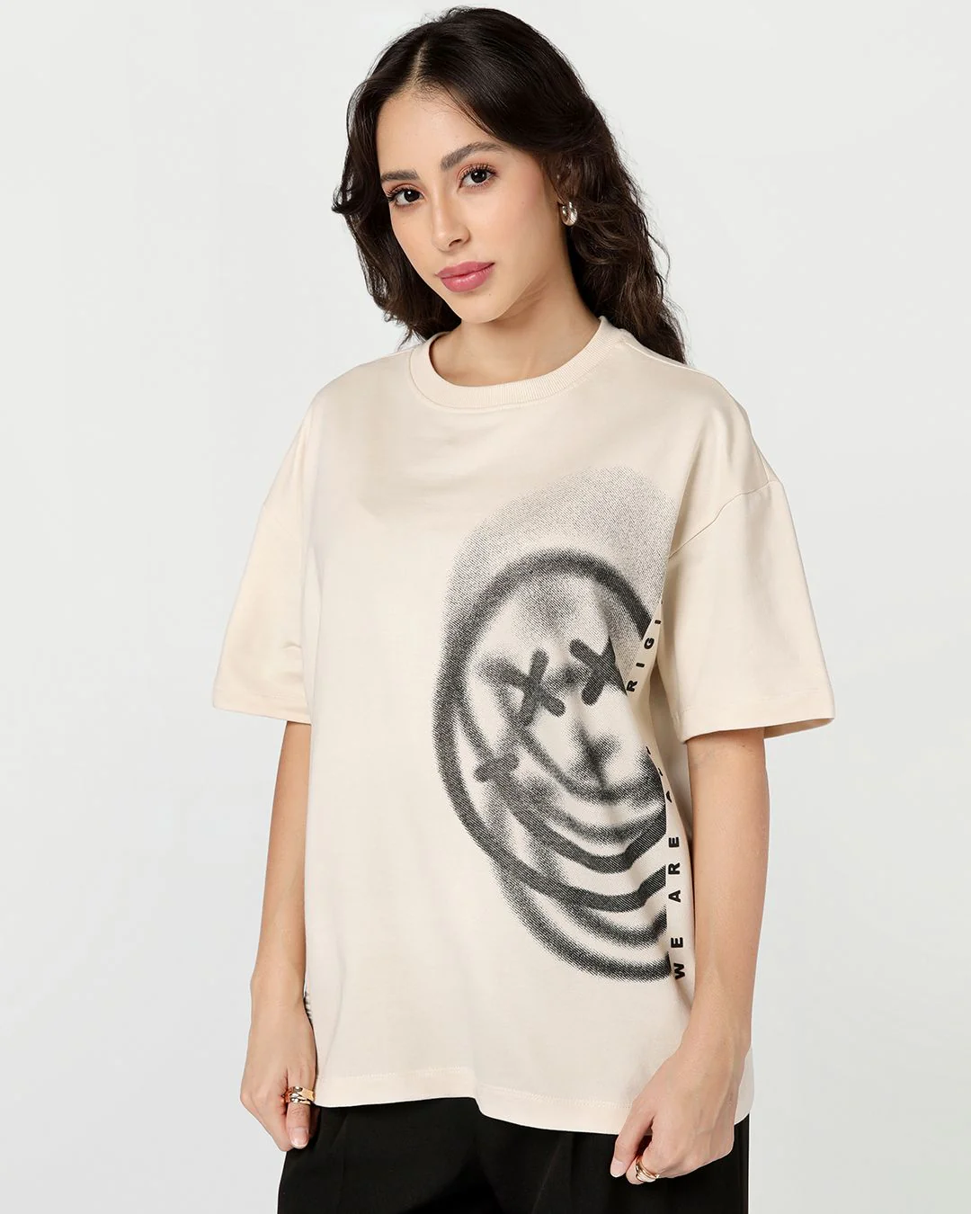 S.W. Smiley Women's Beige Smiley Graphic Printed Oversized T-shirt - Image 5