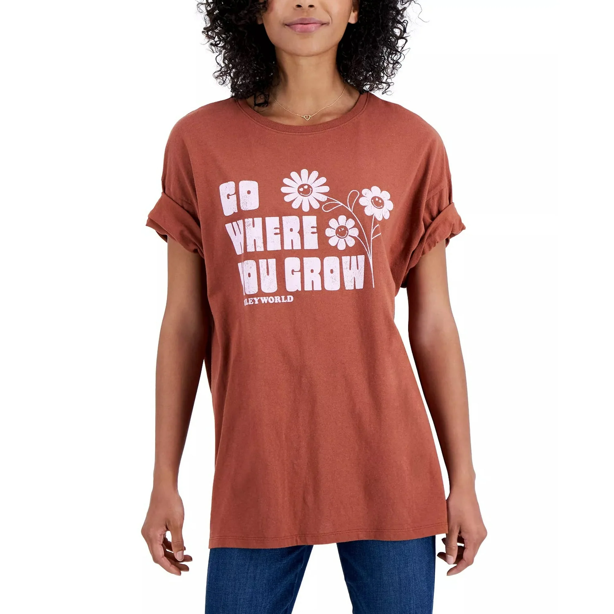 SmileyWorld Juniors’ Cotton Go Where You Grow Graphic T-Shirt, Brown, Medium