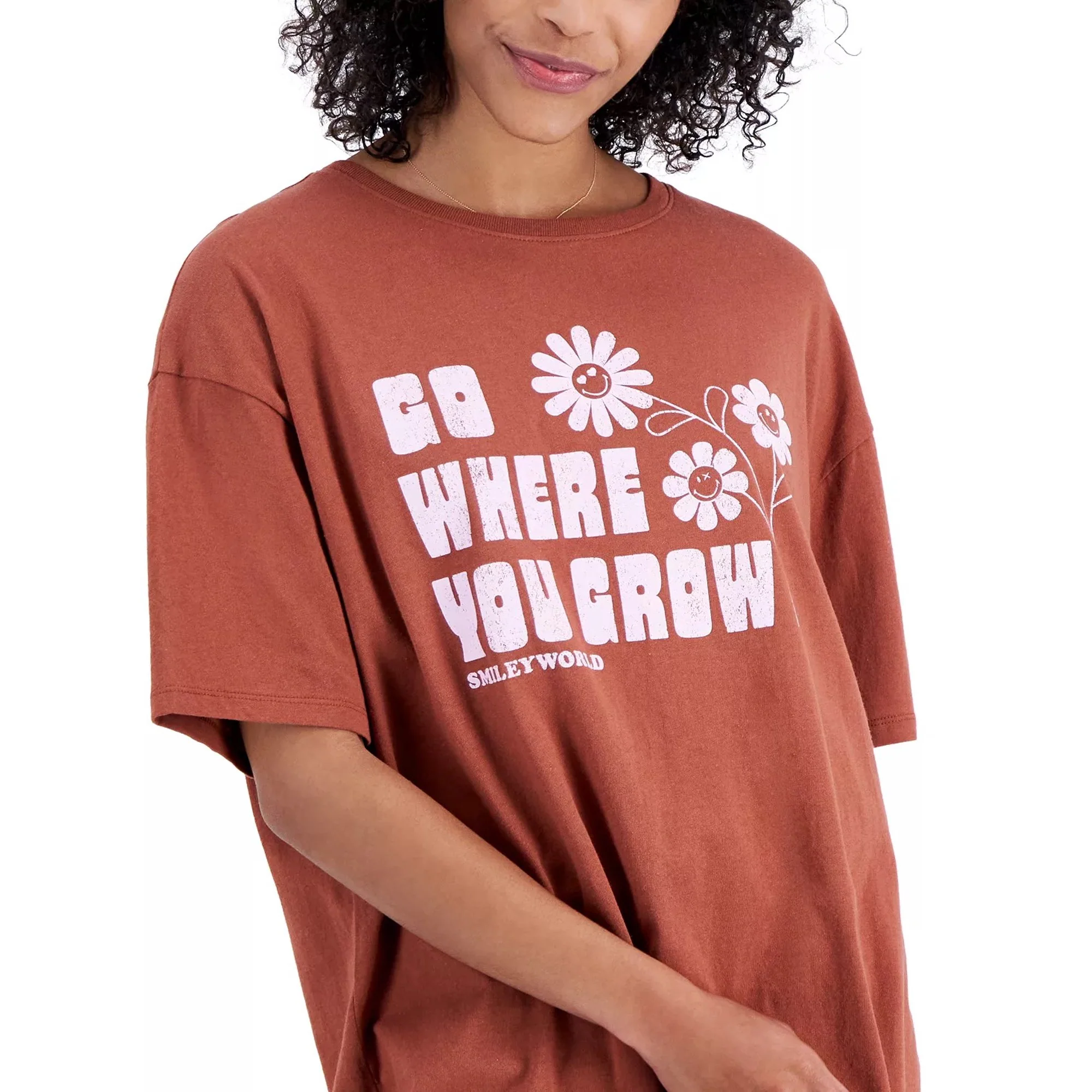 SmileyWorld Juniors’ Cotton Go Where You Grow Graphic T-Shirt, Brown, Medium - Image 2
