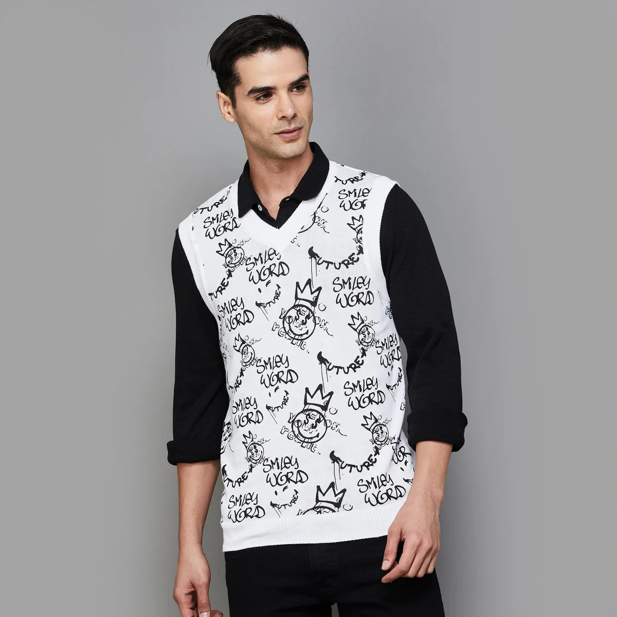 SmileyWorld Men Printed Sleeveless Pullover Sweater