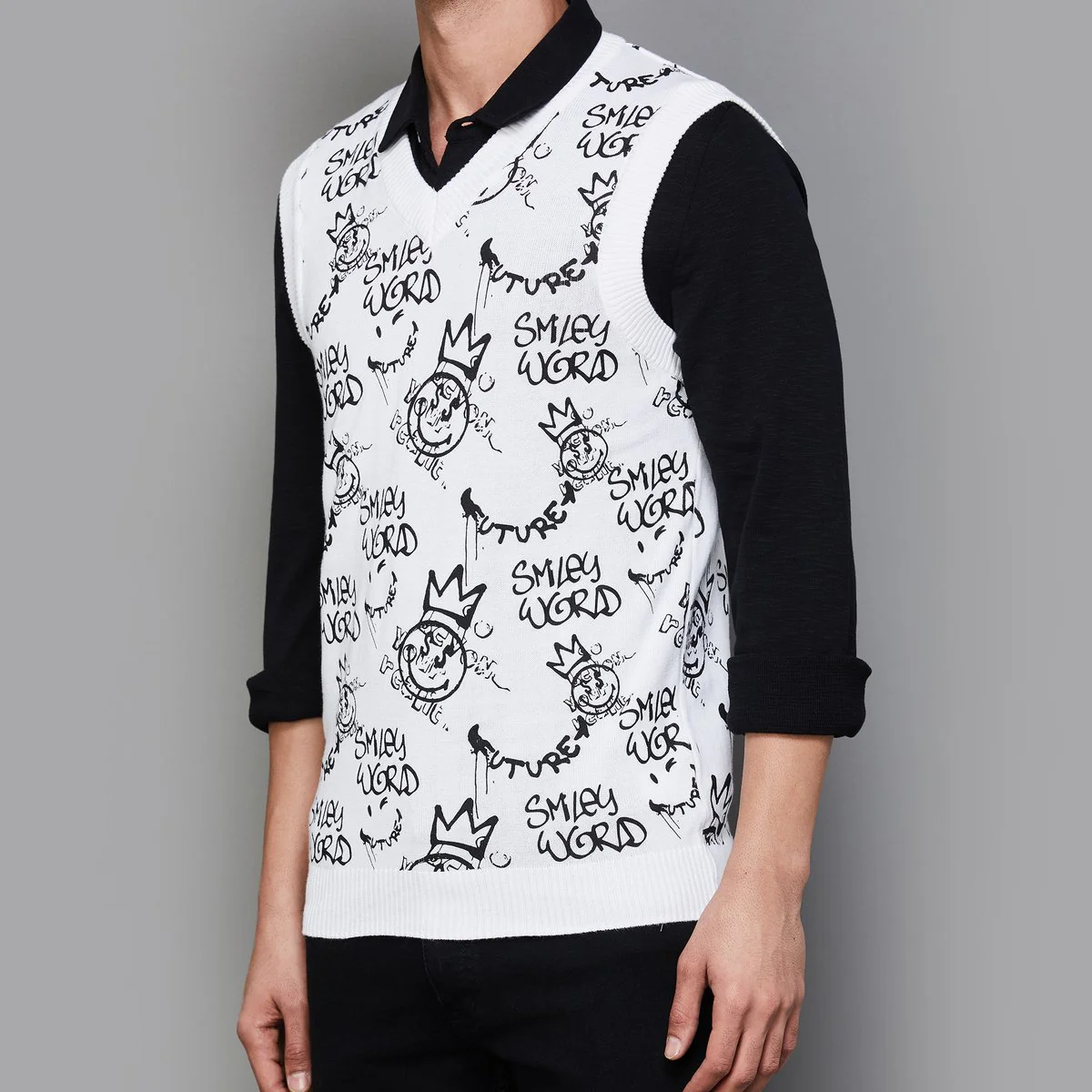 SmileyWorld Men Printed Sleeveless Pullover Sweater - Image 3