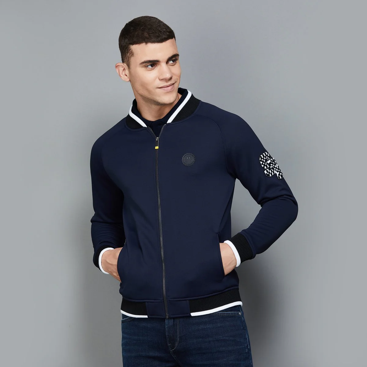 SmileyWorld Men Solid Baseball Collar Jacket