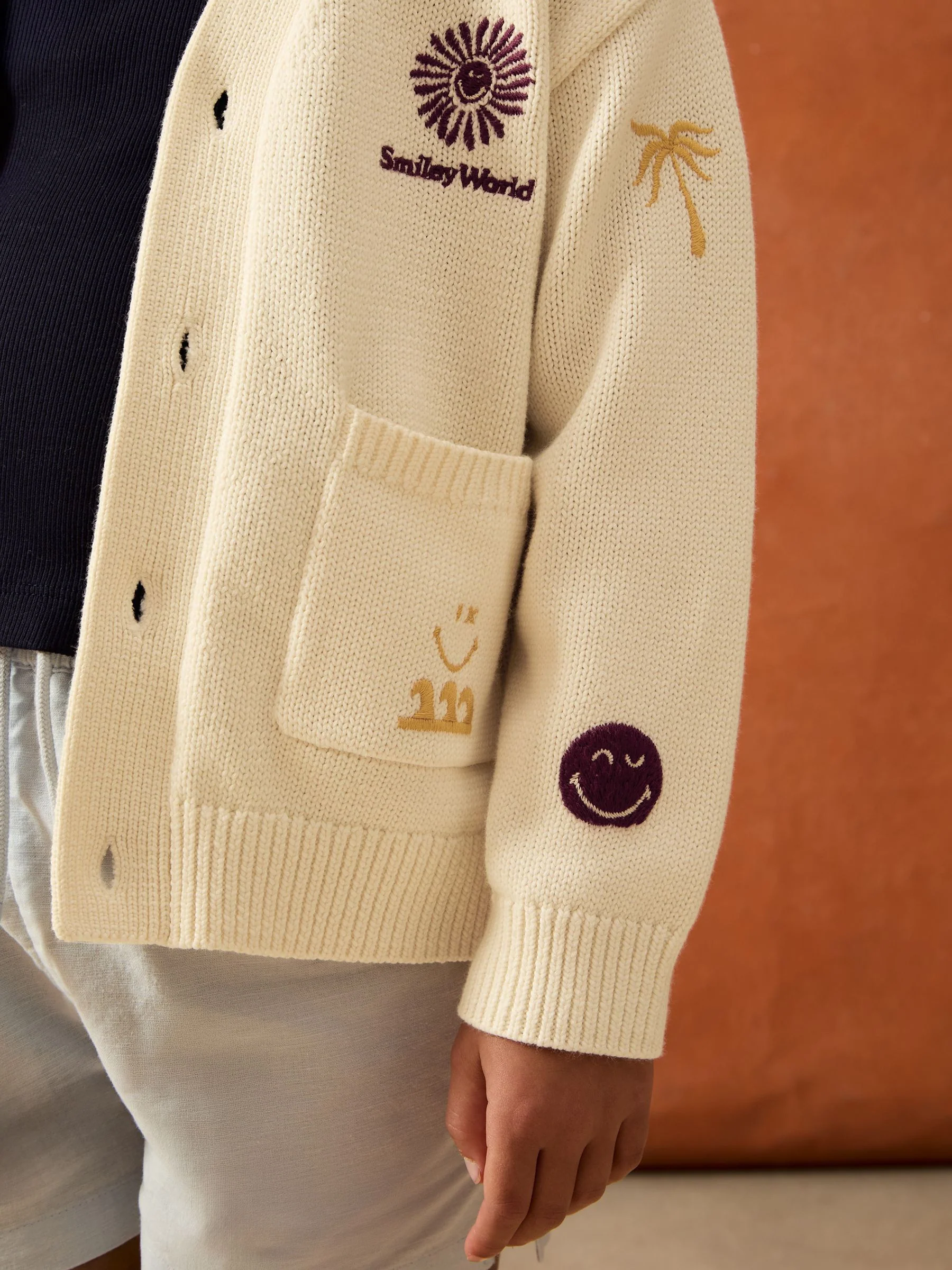 SmileyWorld | Reiss Embroidery Cardigan Unisex Fit in Off White - Image 6