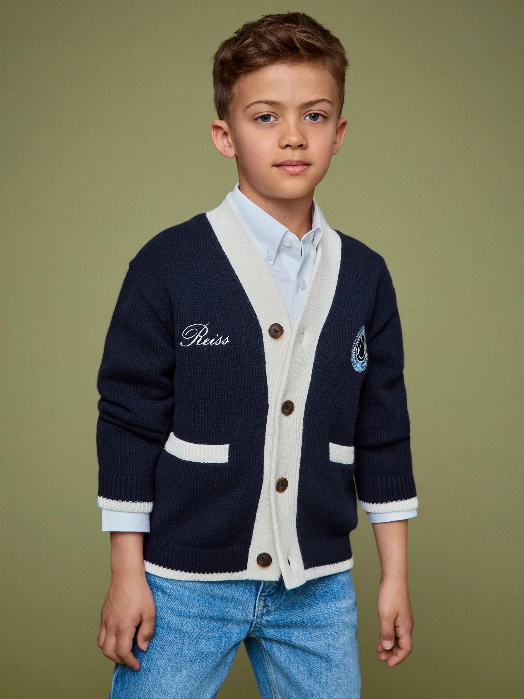 SmileyWorld | Reiss Logo Cardigan Unisex Fit in Off White - Image 7