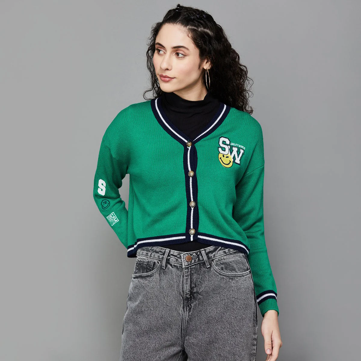SmileyWorld Women Appliqued V-Neck Cardigan