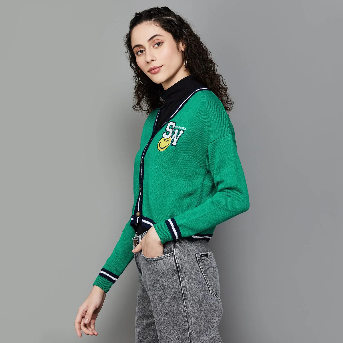 SmileyWorld Women Appliqued V-Neck Cardigan - Image 3