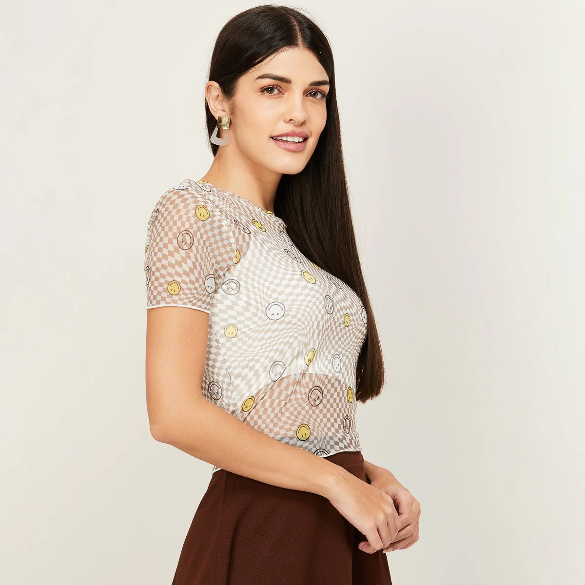 SmileyWorld Women Graphic Printed Short Sleeve Sheer Top - Image 3