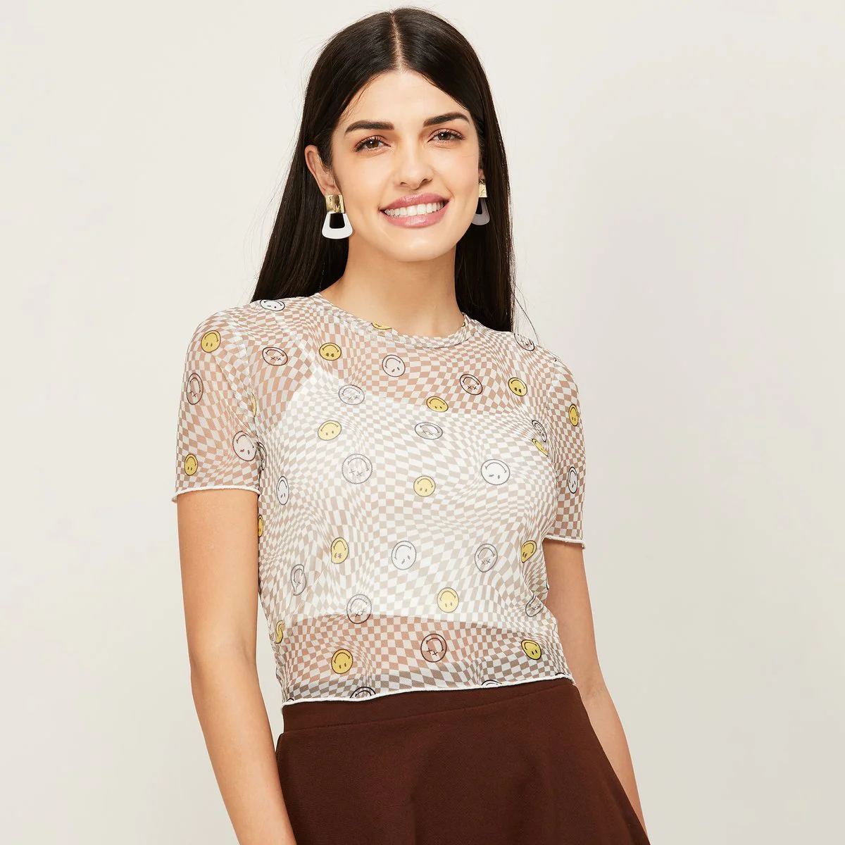 SmileyWorld Women Graphic Printed Short Sleeve Sheer Top - Image 4