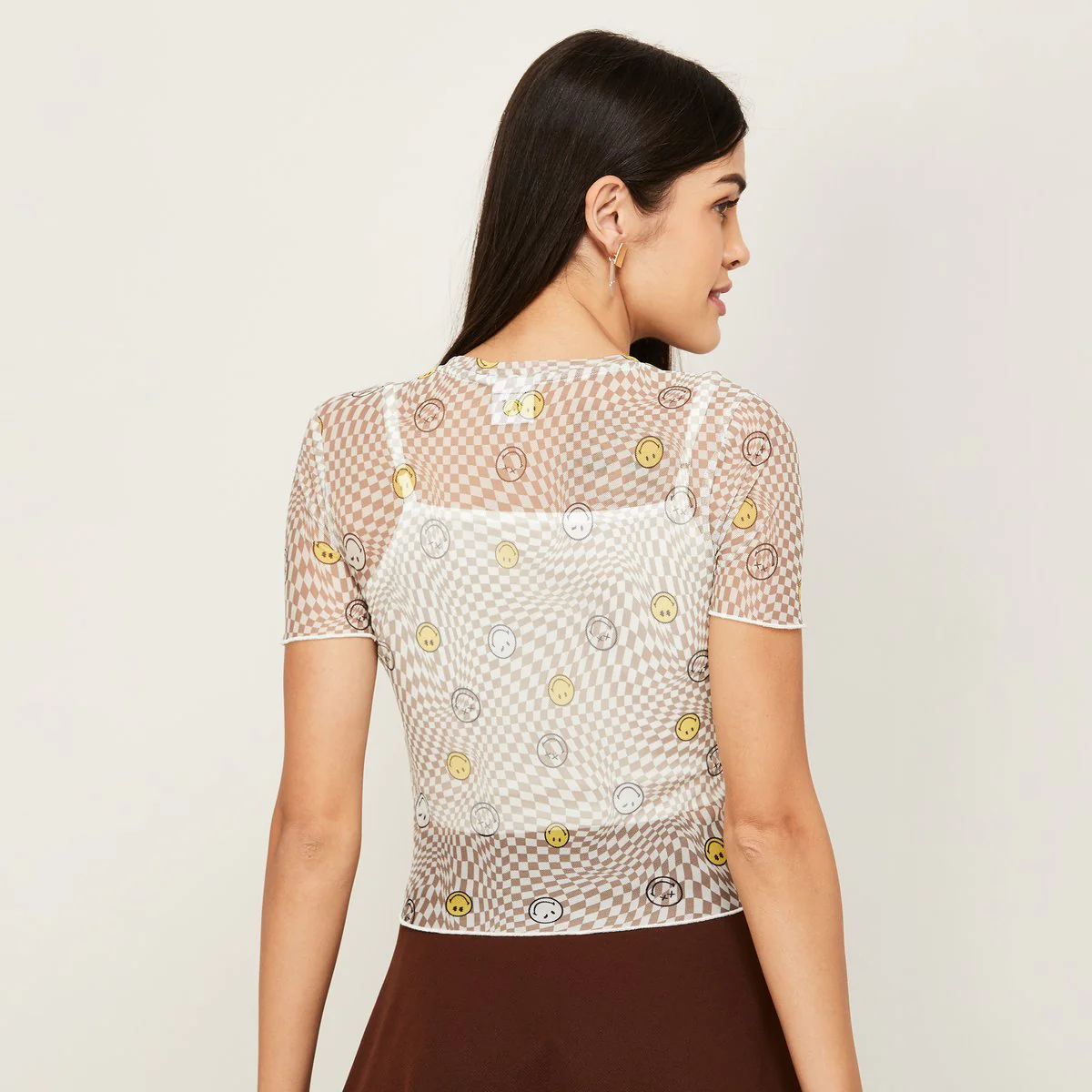 SmileyWorld Women Graphic Printed Short Sleeve Sheer Top - Image 5