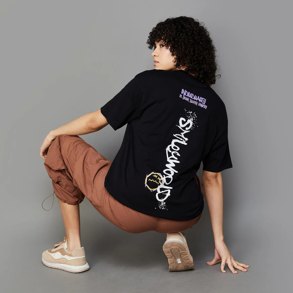 SmileyWorld Women Oversized Graphic Printed T-Shirt - Image 2