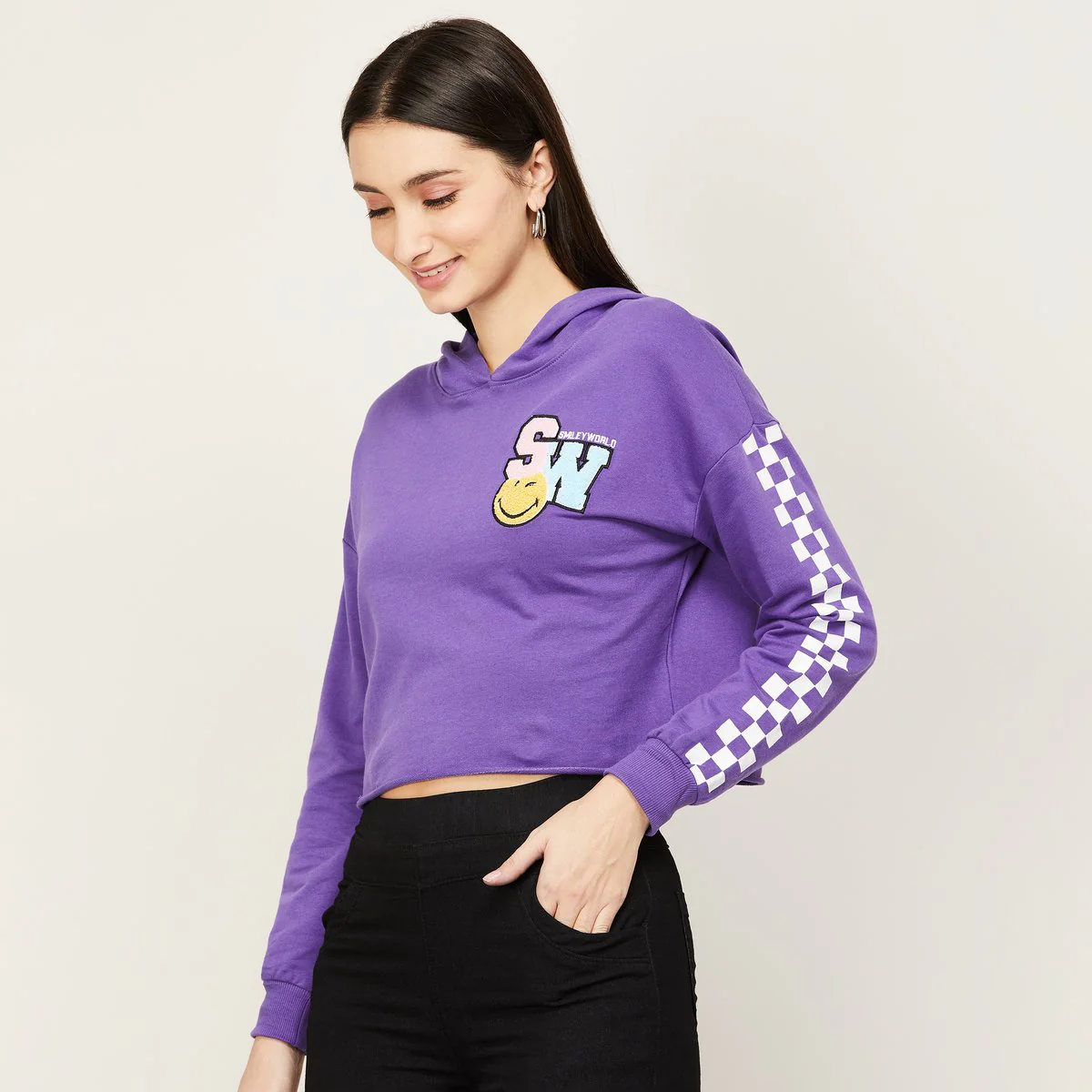 SmileyWorld Women Printed Hooded Cropped Sweatshirt - Image 2