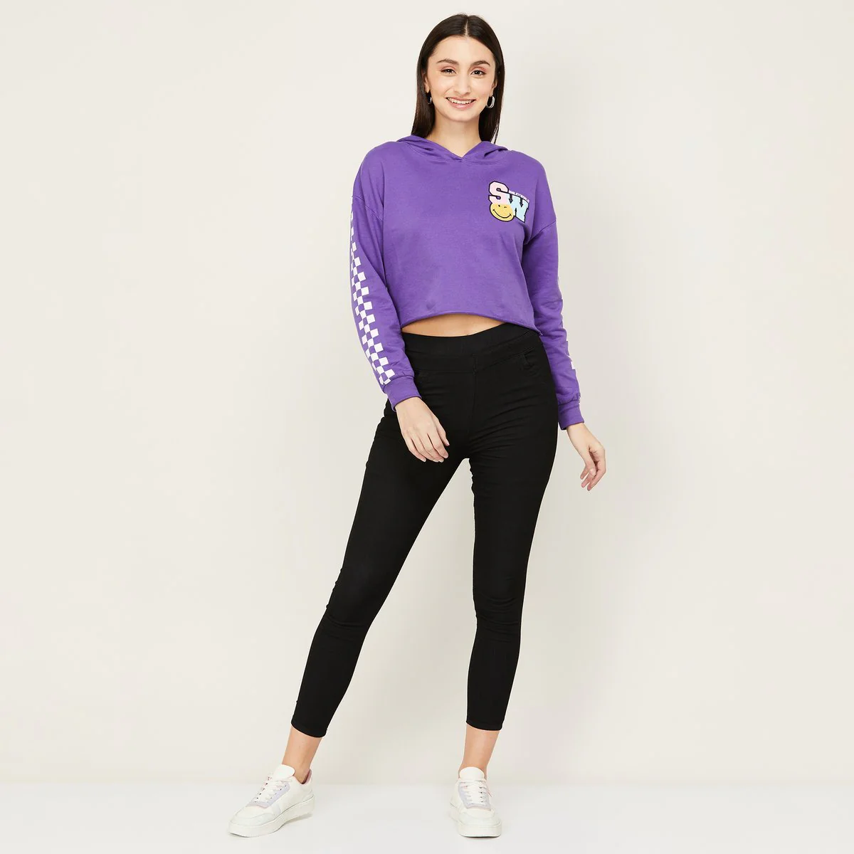 SmileyWorld Women Printed Hooded Cropped Sweatshirt - Image 4