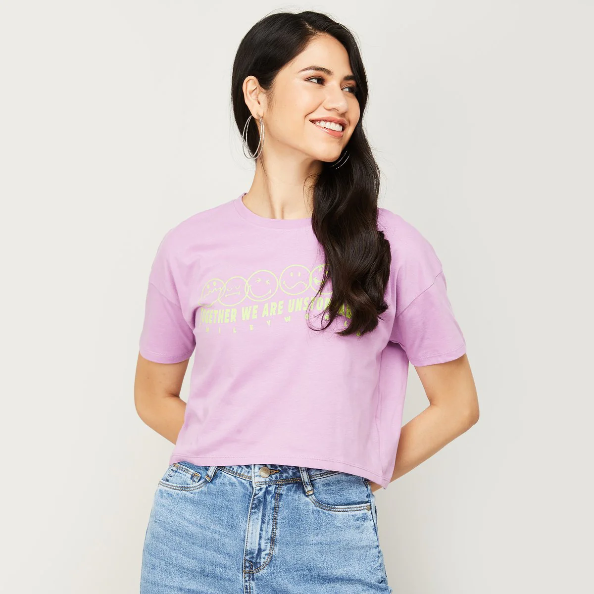 SmileyWorld Women Printed Round Neck Crop T-Shirt - Image 2