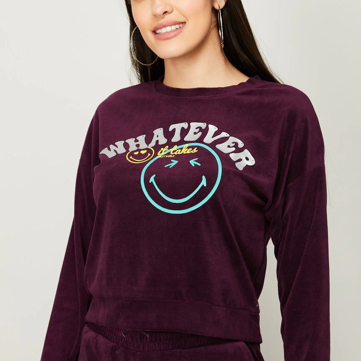 SmileyWorld Women Typographic Printed Drop Shoulder Sweatshirt - Image 3