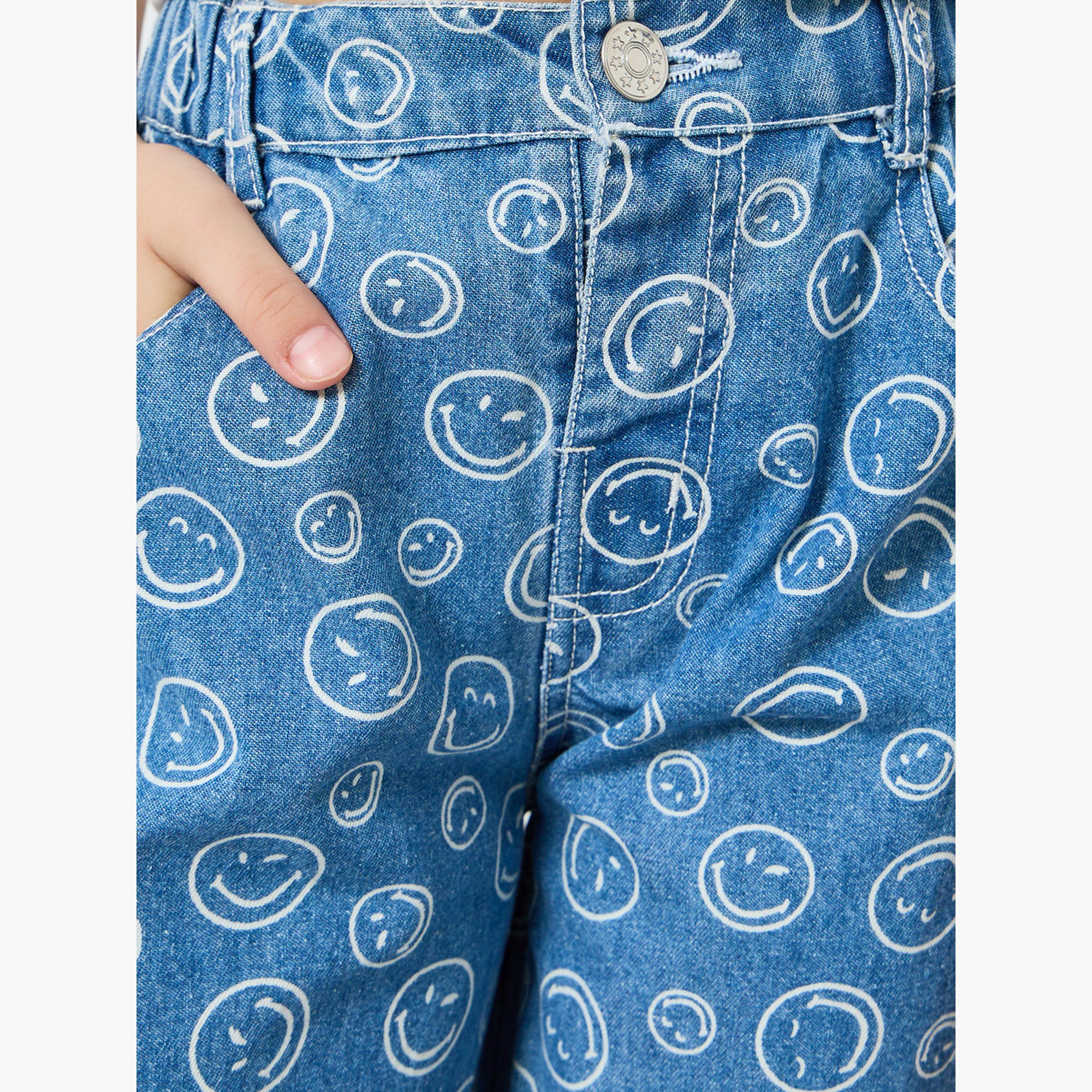 Styli Girls Blue SmileyWorld Face Print Wide Leg Jeans - Image 4