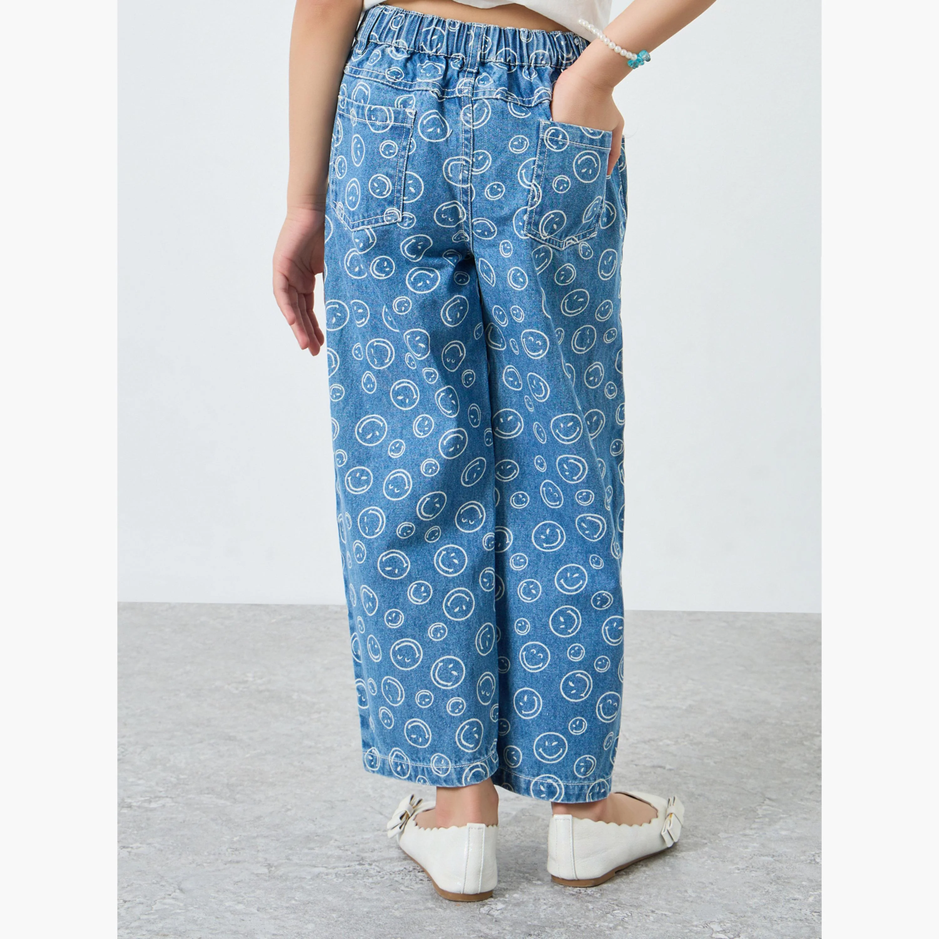 Styli Girls Blue SmileyWorld Face Print Wide Leg Jeans - Image 5