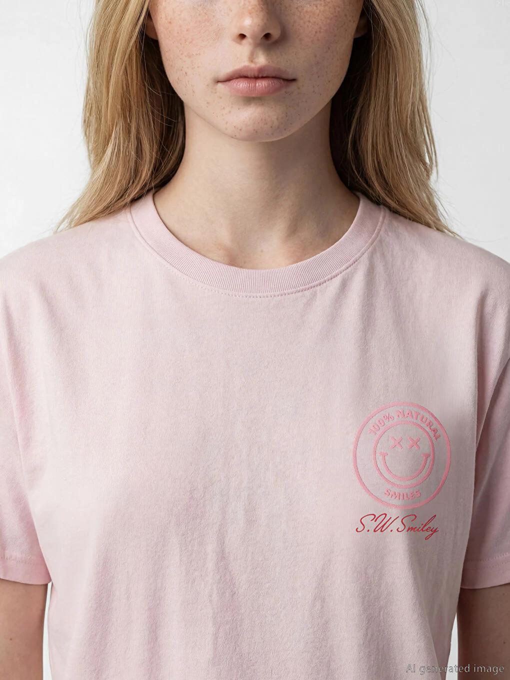 XSIDE Pink Crew Neck S.W. Smiley  Print Women's T-Shirt - Image 3